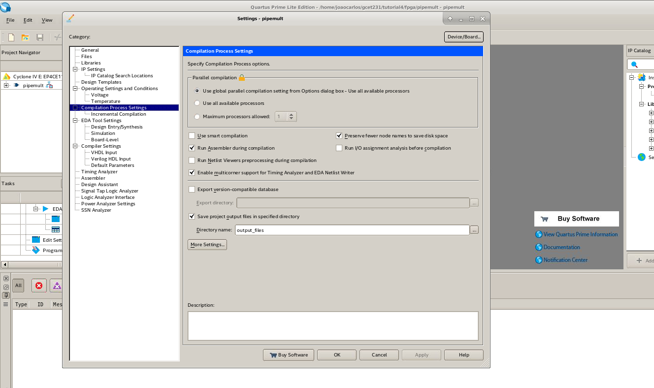 Janela do Compilation Process Settings.