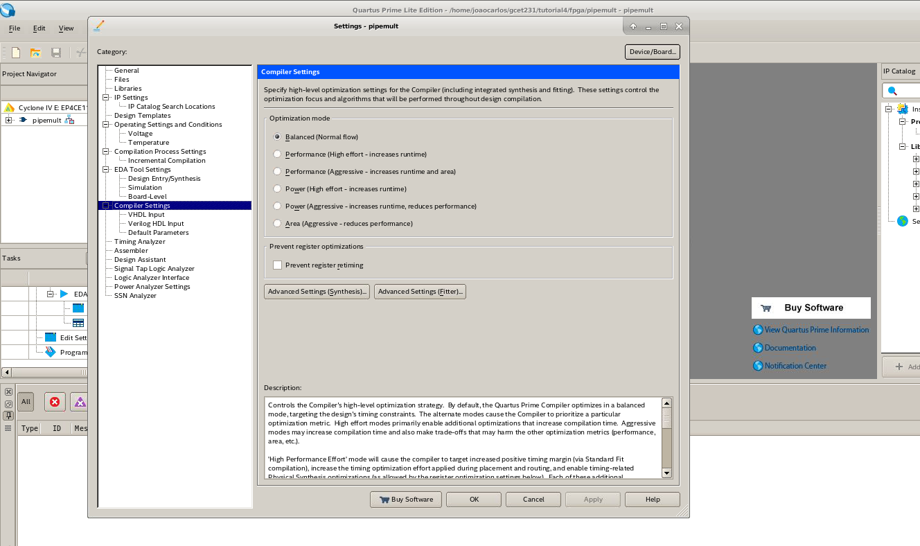 Janela do Compiler Settings usando o método Balanced.