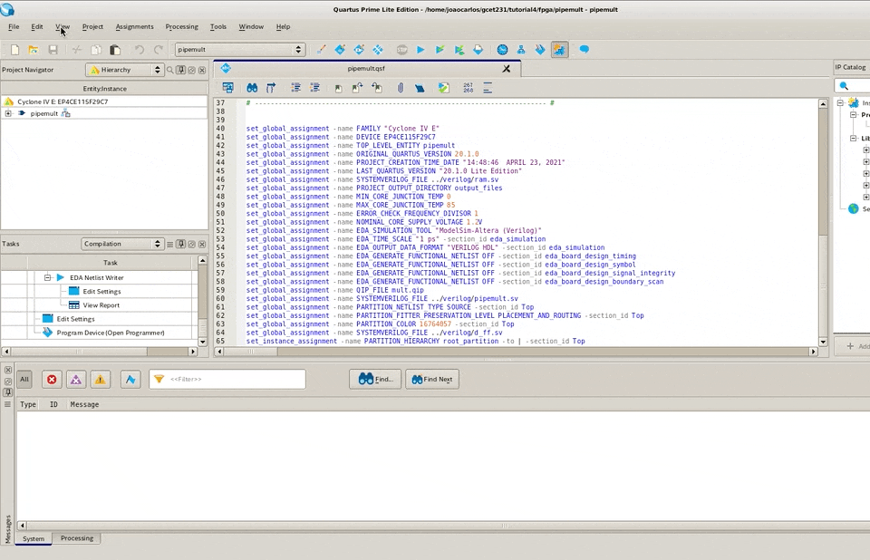 Exibindo o terminal Tcl do Quartus Prime.